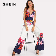 SHEIN Flower Print Zip Back Sleeveless Jumpsuit Elegant 2018 New Women Deep V Neck Sleeveless High Waist Wide Leg Jumpsuit