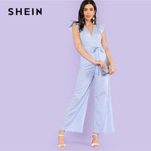 SHEIN Ruffle Trim Tie Waist Bow Striped Pocket Jumpsuit 2018 Women Blue Deep V Neck Cap Sleeve High Waist Belt Wide Leg Jumpsuit