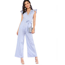 SHEIN Ruffle Trim Tie Waist Bow Striped Pocket Jumpsuit 2018 Women Blue Deep V Neck Cap Sleeve High Waist Belt Wide Leg Jumpsuit