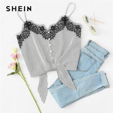 SHEIN Lace Knot Front Striped Cami Top Women New Asymmetrical Spaghetti Strap Button Crop Top Vest 2018 Summer Sexy Vest