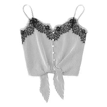 SHEIN Lace Knot Front Striped Cami Top Women New Asymmetrical Spaghetti Strap Button Crop Top Vest 2018 Summer Sexy Vest