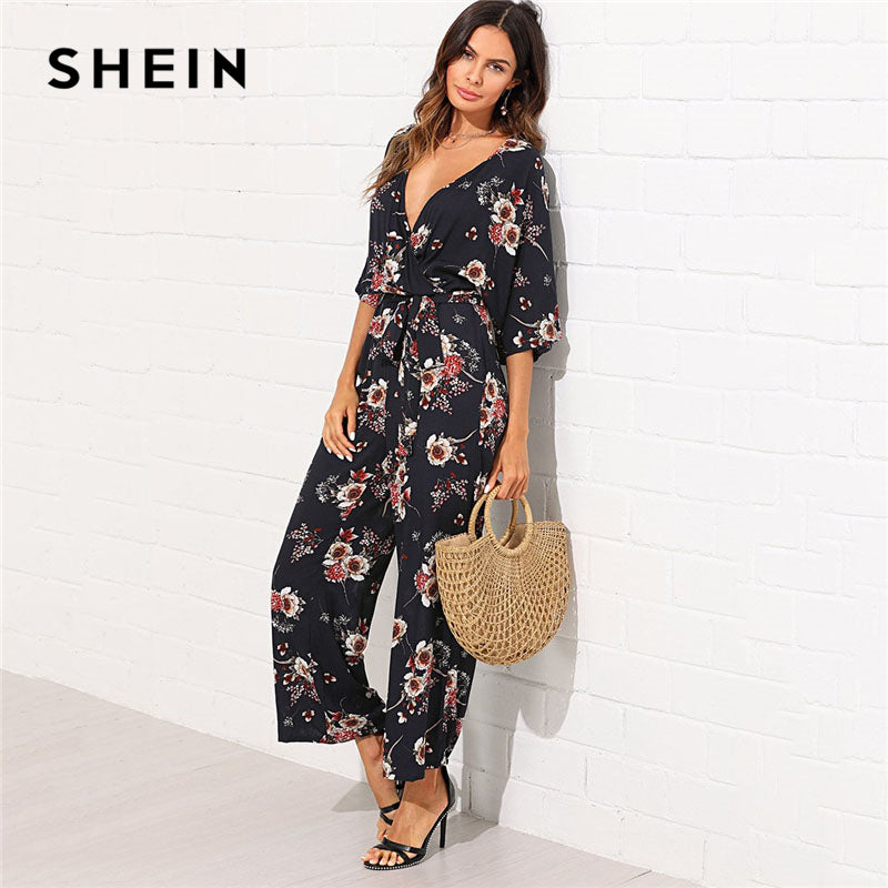 SHEIN Surplice Neck Wide Leg Maxi Floral Jumpsuit Women Deep V Neck Ba   Emilin