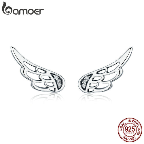 BAMOER Hot Sale Genuine 925 Sterling Silver Statement Feather Fairy Wings Stud Earrings for Women Fashion Silver Jewelry SCE343