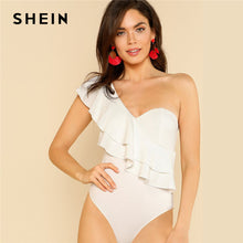 SHEIN White Layered Ruffle Trim One Shoulder Bodysuit Women Sleeveless Zipper Plain Rompers Boho Summer Sexy Party Bodysuit