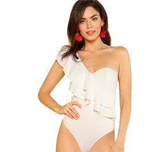 SHEIN White Layered Ruffle Trim One Shoulder Bodysuit Women Sleeveless Zipper Plain Rompers Boho Summer Sexy Party Bodysuit