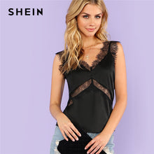 SHEIN Black V Neck Workwear Eyelash Lace Shell Casual Top Women Backless Plain Top Vest 2018 Summer New Female Sexy Party Vest