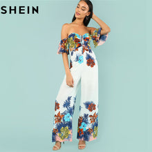 SHEIN Boho Short Sleeve Off Shoulder Mid Waist Wide Leg Jumpsuits 2018 Beach Vacation Cutout Side Tropical Print Bardot Jumpsuit