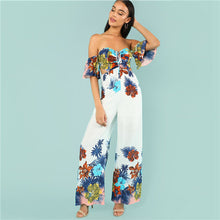 SHEIN Boho Short Sleeve Off Shoulder Mid Waist Wide Leg Jumpsuits 2018 Beach Vacation Cutout Side Tropical Print Bardot Jumpsuit