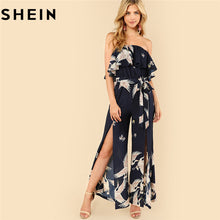SHEIN Summer Sleeveless Boho Split Belted Maxi Jumpsuits 2018 Womens Beach Vacation Flamingo Print Slit Hem Strapless Jumpsuit