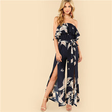 SHEIN Summer Sleeveless Boho Split Belted Maxi Jumpsuits 2018 Womens Beach Vacation Flamingo Print Slit Hem Strapless Jumpsuit