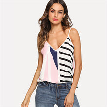 SHEIN Multicolor Vacation Boho Bohemian Beach Colorblock Mixed Striped Print Double V Neck Cami Top Summer Women Sexy Vest