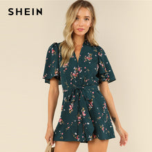 SHEIN Green Vacation Bohemian Beach Floral Print Plunge V Neck Flounce Sleeve Belted Ditsy Romper Summer Women Casual Jumpsuit
