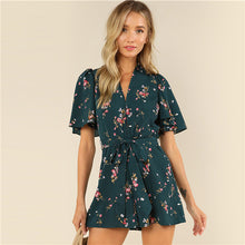 SHEIN Green Vacation Bohemian Beach Floral Print Plunge V Neck Flounce Sleeve Belted Ditsy Romper Summer Women Casual Jumpsuit