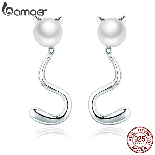 BAMOER Authentic 925 Sterling Silver Cute Cat Pussy Tail Stud Earrings for Women Sterling Silver Earrings Jewelry Gift SCE363