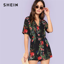 SHEIN Multicolor Vacation Bohemian Beach Boho Botanical Tropical Print Surplice Wrap V neck Romper Summer Women Casual Jumpsuit