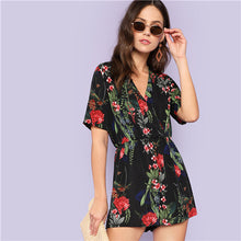 SHEIN Multicolor Vacation Bohemian Beach Boho Botanical Tropical Print Surplice Wrap V neck Romper Summer Women Casual Jumpsuit