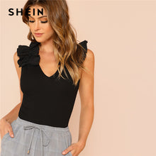 SHEIN Black Elegant Sexy Ruffle Trim Sleeveless Rib Knit V Neck Tee Summer Women Weekend Casual T-shirt Top