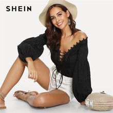 SHEIN Black Elegant Sexy Lace Trim Plunge Neck Eyelet Embroidered Off the Shoulder Bodysuit Autumn Women Going Out Bodysuits