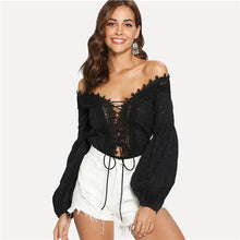 SHEIN Black Elegant Sexy Lace Trim Plunge Neck Eyelet Embroidered Off the Shoulder Bodysuit Autumn Women Going Out Bodysuits